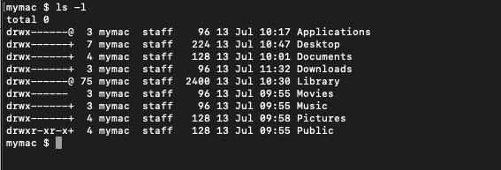 Terminal window showing the output from the ls -l command.